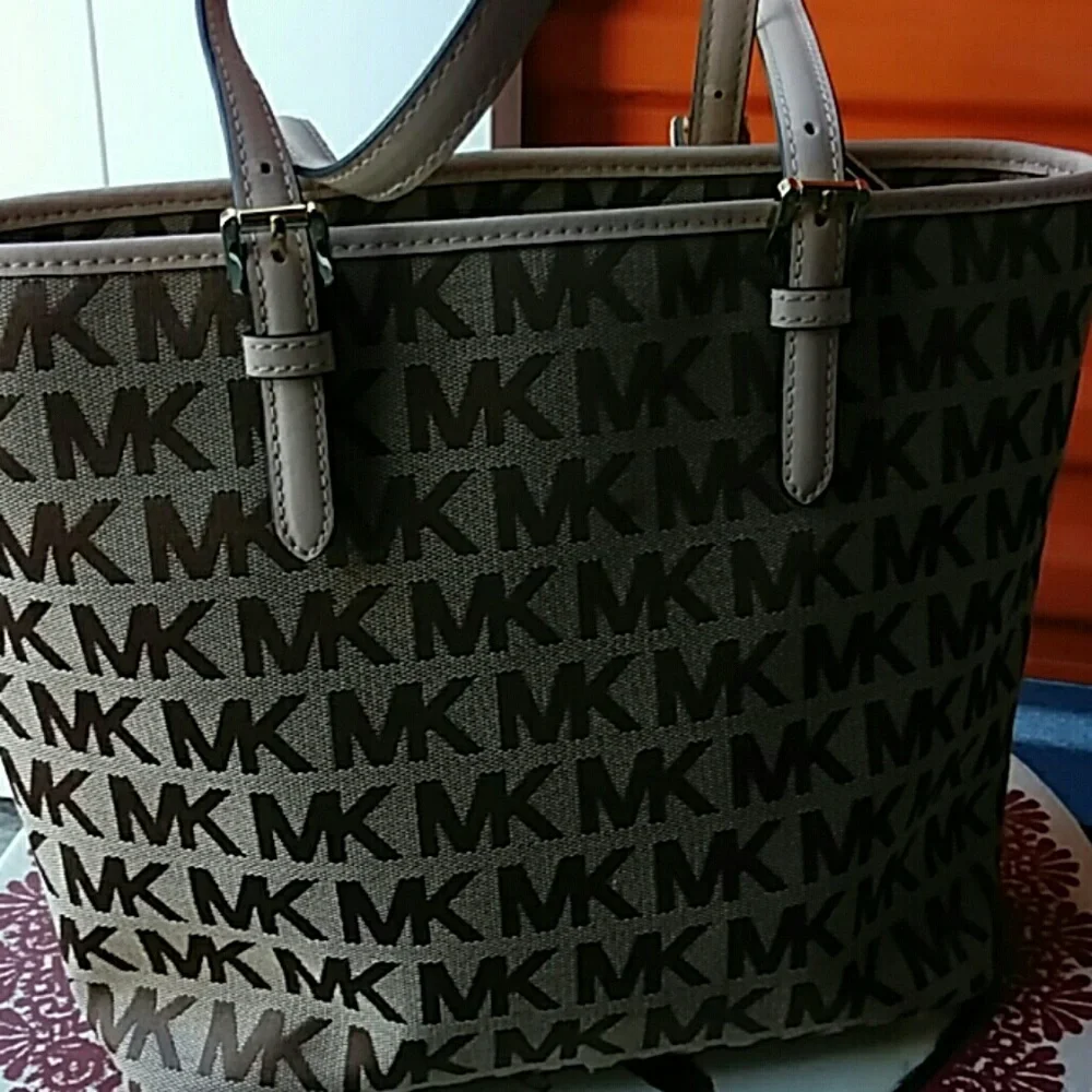 Michael Kors Brown and Beige MK Logo Shoulder Bag
